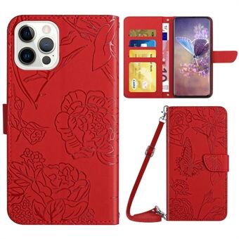 For iPhone 14 Pro 6,1 tommers preg sommerfuglblomster telefonveske PU-skinn indre Stand lommebokstativdeksel med skulderstropp