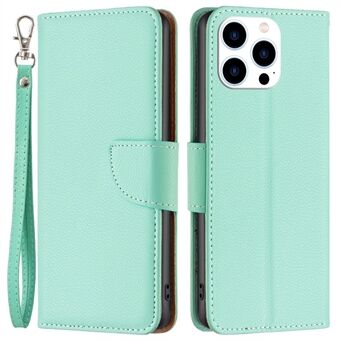 BF Leather Case Series-3 for iPhone 14 Pro 6,1 tommer Slitasjebestandig Anti-fall Ensfarget Litchi Texture PU Leather Heldekkende Mobilveske Stand lommebok med stropp