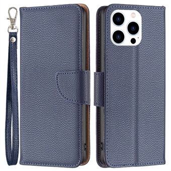 BF Leather Case Series-3 for iPhone 14 Pro 6,1 tommer Slitasjebestandig Anti-fall Ensfarget Litchi Texture PU Leather Heldekkende Mobilveske Stand lommebok med stropp