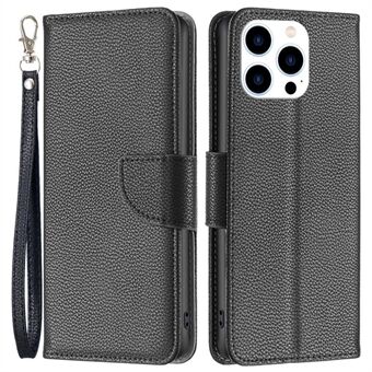 BF Leather Case Series-3 for iPhone 14 Pro 6,1 tommer Slitasjebestandig Anti-fall Ensfarget Litchi Texture PU Leather Heldekkende Mobilveske Stand lommebok med stropp