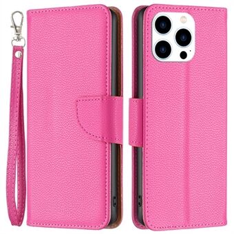 BF Leather Case Series-3 for iPhone 14 Pro 6,1 tommer Slitasjebestandig Anti-fall Ensfarget Litchi Texture PU Leather Heldekkende Mobilveske Stand lommebok med stropp