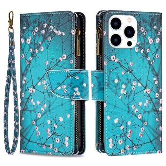 BF-mønsterutskrift Leather Series-4 for iPhone 14 Pro 6,1 tommer, 03-stil glidelåslomme Telefonveske Stand PU-skinn lommebokstativdeksel