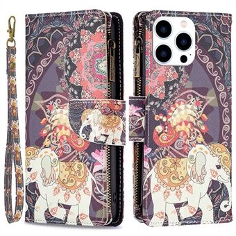 BF-mønsterutskrift Leather Series-4 for iPhone 14 Pro 6,1 tommer, 03-stil glidelåslomme Telefonveske Stand PU-skinn lommebokstativdeksel