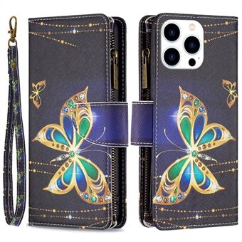 BF-mønsterutskrift Leather Series-4 for iPhone 14 Pro 6,1 tommer, 03-stil glidelåslomme Telefonveske Stand PU-skinn lommebokstativdeksel