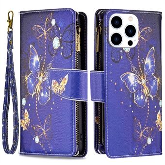 BF-mønsterutskrift Leather Series-4 for iPhone 14 Pro 6,1 tommer, 03-stil glidelåslomme Telefonveske Stand PU-skinn lommebokstativdeksel