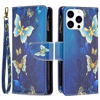 BF-mønsterutskrift Leather Series-4 for iPhone 14 Pro 6,1 tommer, 03-stil glidelåslomme Telefonveske Stand PU-skinn lommebokstativdeksel