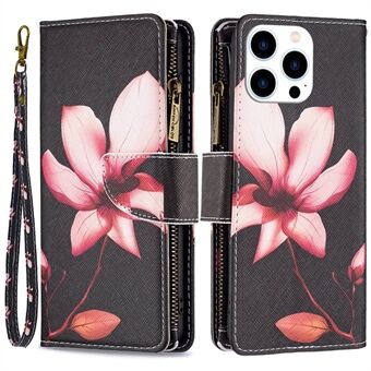 BF-mønsterutskrift Leather Series-4 for iPhone 14 Pro 6,1 tommer, 03-stil glidelåslomme Telefonveske Stand PU-skinn lommebokstativdeksel