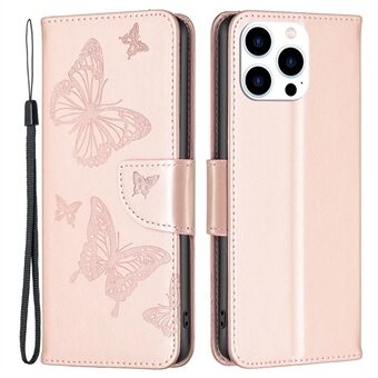 BF Imprinting Pattern Series-4 Beskyttelsesveske for iPhone 14 Pro 6,1 tommer Butterflies Imprinted Stand Full beskyttelse Lommebokstil Lærskall