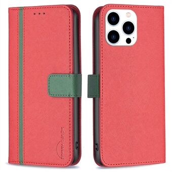 BINFEN COLOR BF Leather Series-9 for iPhone 14 Pro 6,1 tommers All-inclusive Protection Style 13- Stand Funksjon Krysstekstur Skjøtetelefonveske PU-skinnlommebok indre TPU-skall