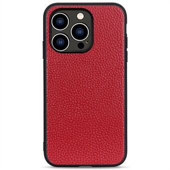 Telefondeksel med ekte skinnbelegg for iPhone 14 Pro 6,1 tommer, Litchi Texture Hybrid PC + TPU-bunndeksel