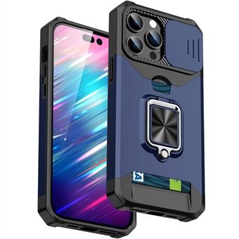 For iPhone 14 Pro 6,1 tommers kortspor Design Telefonveske Hard PC Myk TPU Hybrid Slide Kamera Linse Deksel Design Kickstand Bakdeksel