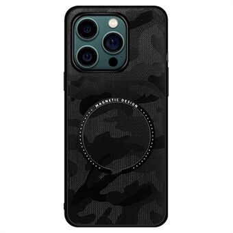 For iPhone 14 Pro 6,1 tommer magnetisk trådløs lading Camouflage Leather Coated PC + TPU telefonveske med innebygd metallplate