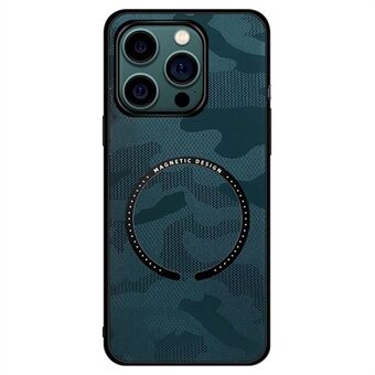 For iPhone 14 Pro 6,1 tommer magnetisk trådløs lading Camouflage Leather Coated PC + TPU telefonveske med innebygd metallplate