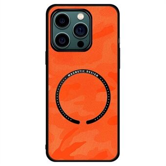 For iPhone 14 Pro 6,1 tommer magnetisk trådløs lading Camouflage Leather Coated PC + TPU telefonveske med innebygd metallplate