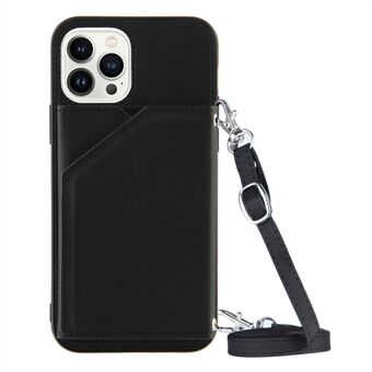 YB-1 Series Skin-touch telefondeksel for iPhone 14 Pro 6,1 tommer, kortholder Kickstand Lærbelagt TPU-deksel med skulderstropp