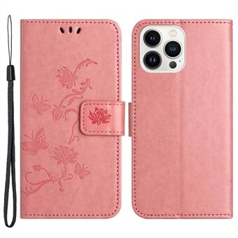 For iPhone 14 Pro 6,1 tommer Butterfly Flower Preget Telefonveske PU Lær Flip Stand Anti Scratch med stropp