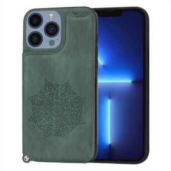 For iPhone 14 Pro 6,1 tommers kortspor Stativ lærbelagt TPU-deksel Mandala Flower Imprint Telefonbeskyttelsesdeksel med håndleddsstropp