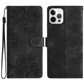 For iPhone 14 Pro Deksel Sakura Butterfly Imprint Skin-Touch Skinn Lommebok Telefonomslag