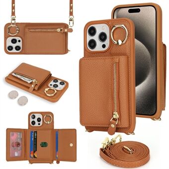 For iPhone 14 Pro Etui Kortveske Ring Stativ PU Lær+TPU Telefondeksel med Skulderrem