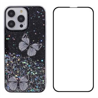 WANLONFENG AW Series for iPhone 14 Pro Etui Bling Butterfly TPU 2-i-1 Telefondeksel med Skjermbeskytter