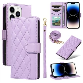 For iPhone 14 Pro Crossbody Etui Rhombus Lær Stativ Flip Beskyttende Deksel