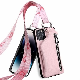 For iPhone 14 Pro Kollisjonssikker avtakbar lommebok PU-skinnbelagt TPU-telefonveske Glidelåslomme Beskyttelsesdeksel med snor