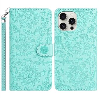 For iPhone 14 Pro Etui med Blomstermotiv i Preget Lær, Flip Lommebok Deksel med Håndleddsreim