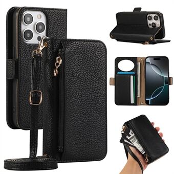 For iPhone 14 Pro Lommebok Telefon Etui Støtsikker TPU+PU Lær Flipdeksel med Speil, Stropp