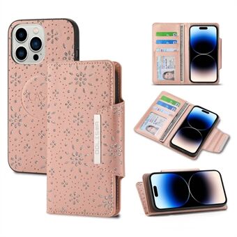 For iPhone 14 Pro Glitter Flower Design Avtakbar telefonlommebokveske PU-skinn+TPU støtsikkert deksel