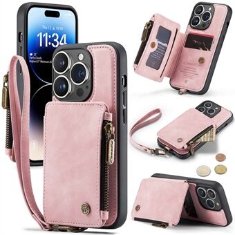 CASEME C20-serien for iPhone 14 Pro Kortsporholder Telefonveske PU-skinn Glidelås Veske Håndveske Lommebok Kickstand-deksel med stropp