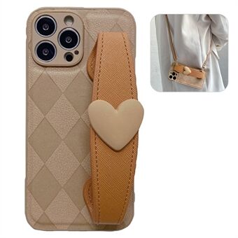 Baksideskall for iPhone 14 Pro, Love Heart Armbånd Rhombus trykt PU-skinnbelagt PC+TPU-telefondeksel med skulderstropp