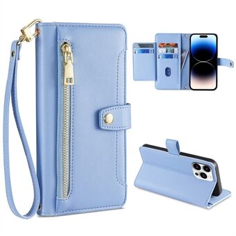 For iPhone 14 Pro teksturert PU-skinn Flere kortspor Stand Glidelåslomme Flip Wallet Telefonveske med håndleddsstropp og skulderstropp