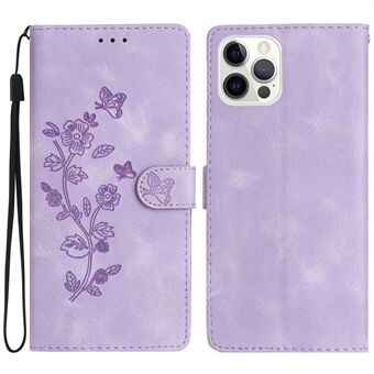 For iPhone 14 Pro Full Protection Lærveske Flower Imprint Stand Telefondeksel