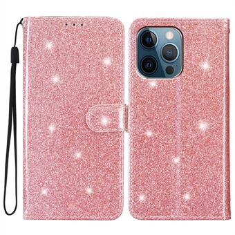 For iPhone 14 Pro Antifall Glitrende PU-skinn Etui Sammenleggbar Stativ Lommebok-deksel til Mobil