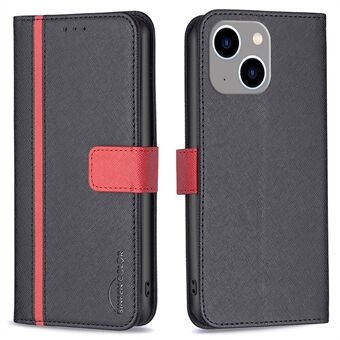 BINFEN COLOR BF Leather Series-9 for iPhone 14 Plus 6,7 tommer Style 13 Sammenleggbart Stand Funksjon Cross Texture Splicing Telefonveske PU-skinnlommebok Innvendig TPU-skall