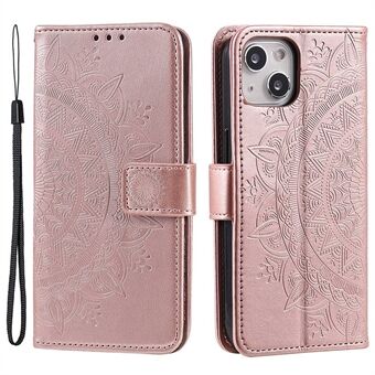 For iPhone 14 Plus 6,7 tommers lommebokveske påtrykt mandala blomstermønster PU lær håndleddsrem Stand Funksjon Flip Cover