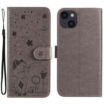 KT Imprinting Flower Series-4 telefondeksel for iPhone 14 Plus 6,7 tommers påtrykt katte- og biemønster PU-skinn godt beskyttende flip- Stand med stropp