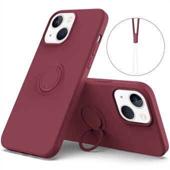 For iPhone 14 Plus 6,7 tommer Easy Grip Ring Stativ flytende silikon telefonveske Beskyttende bakdeksel med håndleddsstropp