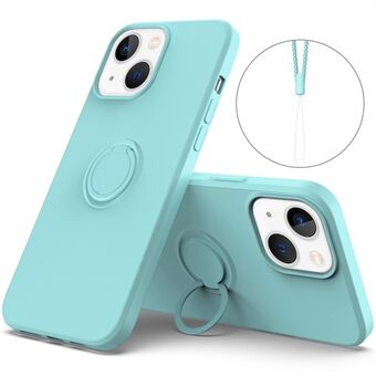 For iPhone 14 Plus 6,7 tommers Easy Grip Ring Stativ flytende silikon telefonveske Beskyttende bakdeksel med håndleddsstropp