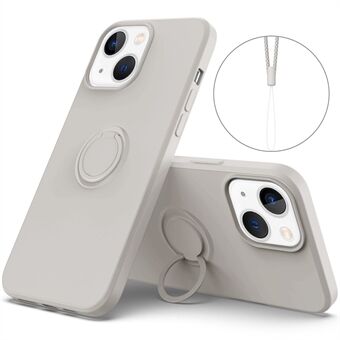 For iPhone 14 Plus 6,7 tommer Easy Grip Ring Stativ flytende silikon telefonveske Beskyttende bakdeksel med håndleddsstropp