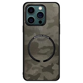 For iPhone 14 Plus Magnetisk trådløs lading Beskyttelsesdeksel Skinn + PC + TPU Camouflage Telefonveske med innebygd metallplate