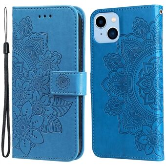 For iPhone 14 Plus Flower Imprinting PU Leather Full Protection Telefonveske Magnetisk lås Stand med stropp