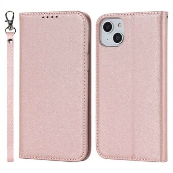 For iPhone 14 Plus PU-skinn Silketekstur Anti-slipp lommebok Telefonveske Stand All-round beskyttelsesdeksel med håndleddsstropp