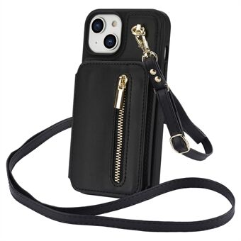 For iPhone 14 Plus Etui med Stativ Glidelåslomme Skinn+TPU-telefondeksel