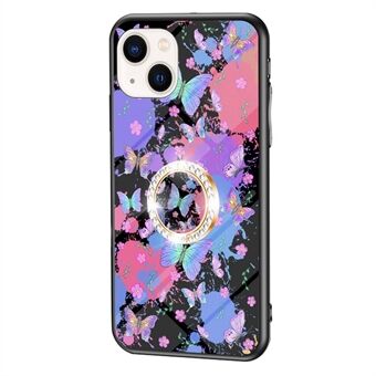 For iPhone 14 Plus Butterfly Series Ring Stativ herdet glass + PC + TPU-veske Butterfly-mønsterutskrift Anti-slipp telefondeksel