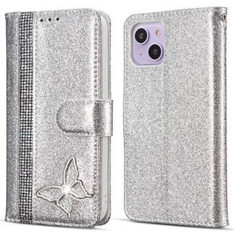 For iPhone 14 Plus Glitter Lærveske med Metall Diamant Smørmyk Lommebokstativ Deksel