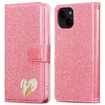 For iPhone 14 Plus Glitrende Lærveske med Diamant Kjærlighetshjerte Lommebok Stativ Flipdeksel