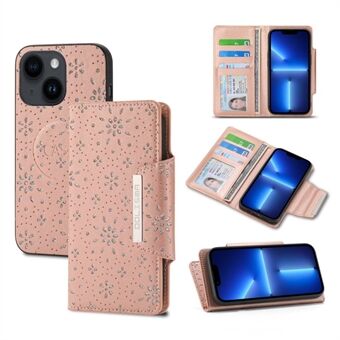 For iPhone 14 Plus bladpåtrykt glitterblomstdesign Avtakbart telefondeksel PU-skinn+TPU fallsikkert deksel med lommebok