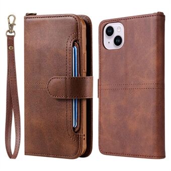 KT Leather Series-4 for iPhone 14 Plus 2-i-1 avtagbart TPU-bakdeksel Full beskyttelse PU-skinn sammenleggbart Stand Telefonlommebok-skall med stropp