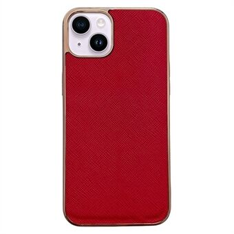 For iPhone 14 Plus Cross Texture Nano Galvanisering Telefon Fallsikkert deksel Ekte skinnbelagt TPU-bakdeksel